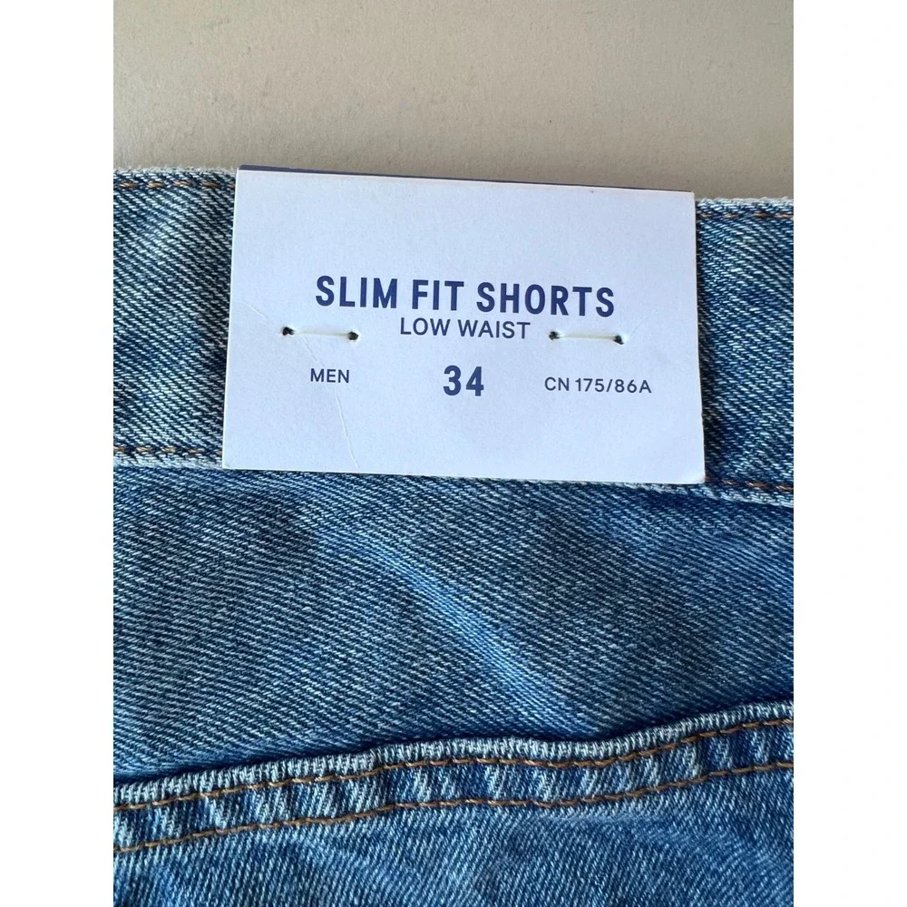 HM Denim Mens Slim Fit Shorts Blue Low Waist‎ Button Fly Size 34 New
